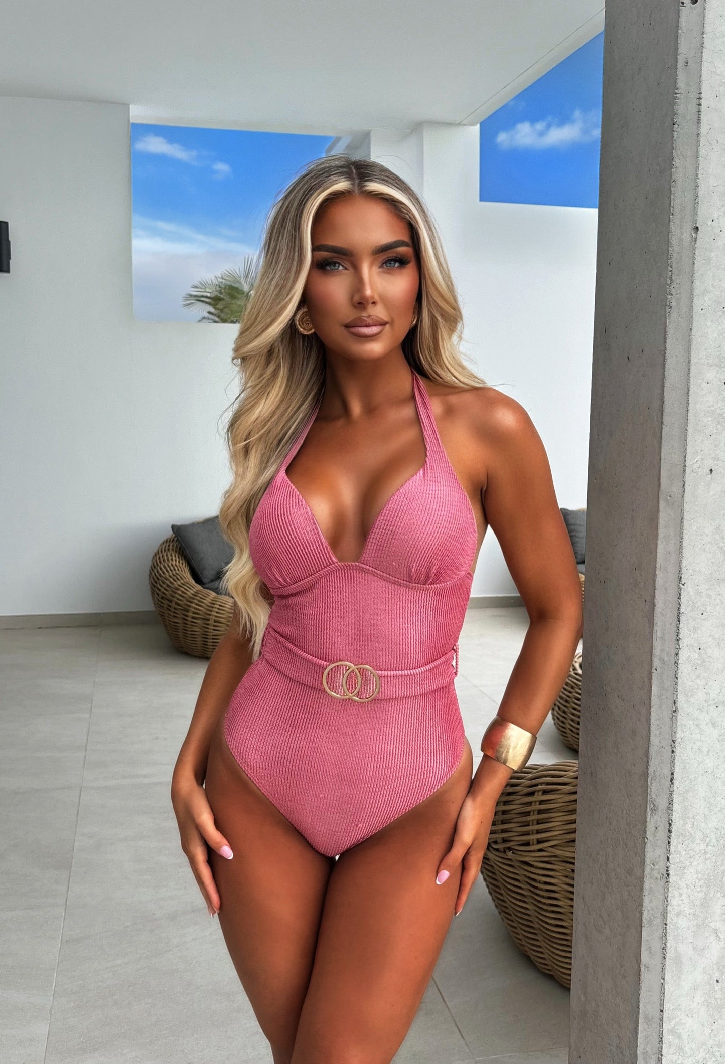 Antibes Mauve Shiny Crinkle Halter Neck Swimsuit