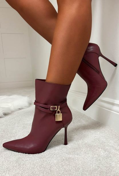 Ariana Wine Faux Leather Lock Detail Stiletto Ankle Boots