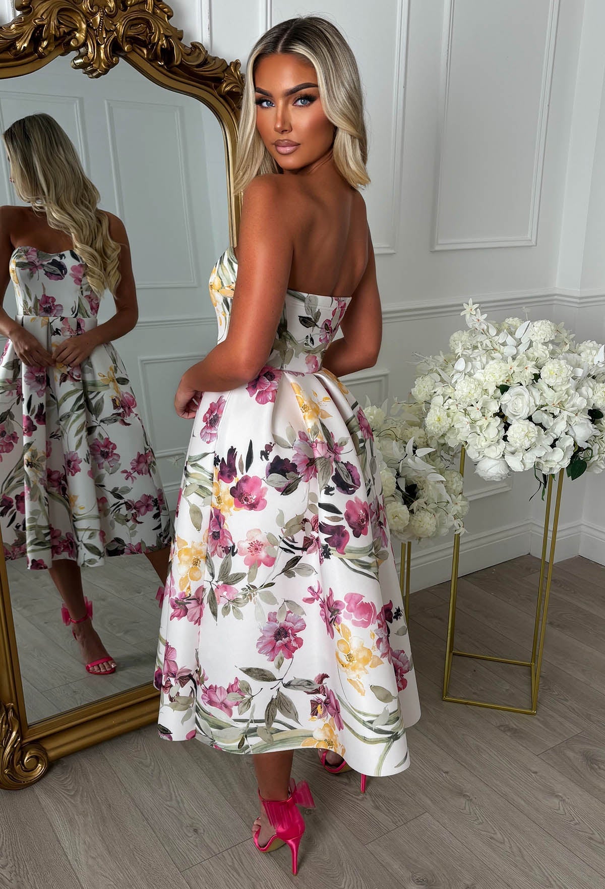 Aura Allure Pink Floral Print Bandeau Midi Dress