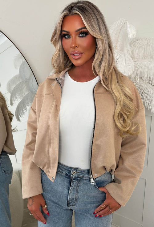 Autumn Crush Beige Faux Suede Bomber Jacket