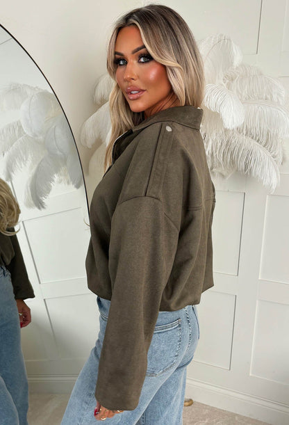 Autumn Crush Khaki Faux Suede Bomber Jacket