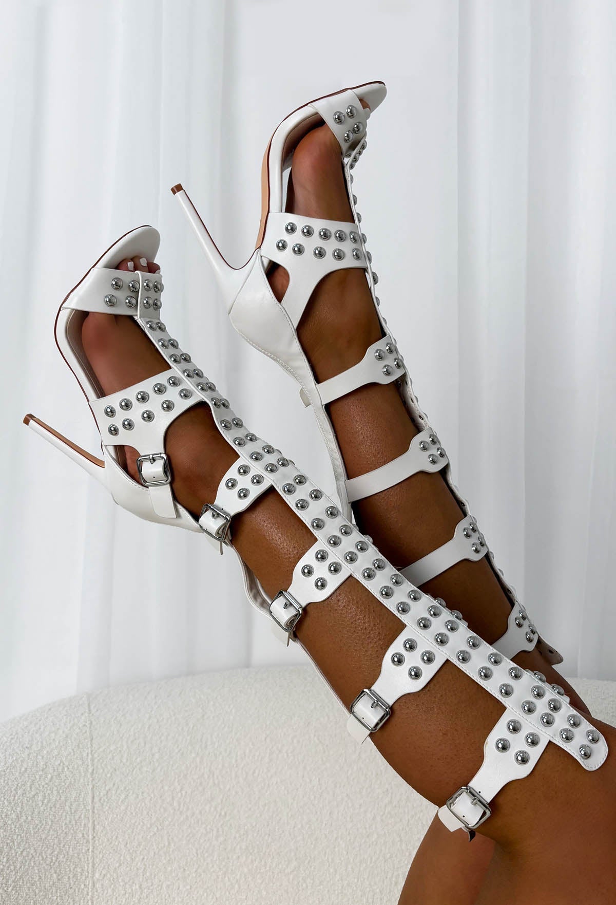 Bad Attitude White Studded Buckle Stiletto Heels