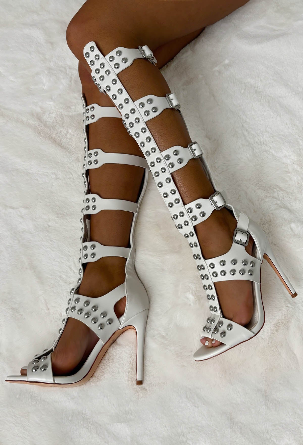 Bad Attitude White Studded Buckle Stiletto Heels