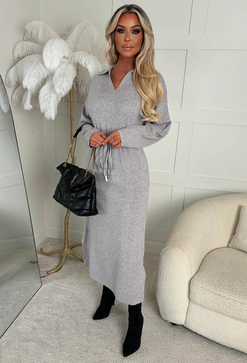 Bad Girl Vibes Grey Collared Tie Waist Midi Knitted Dress