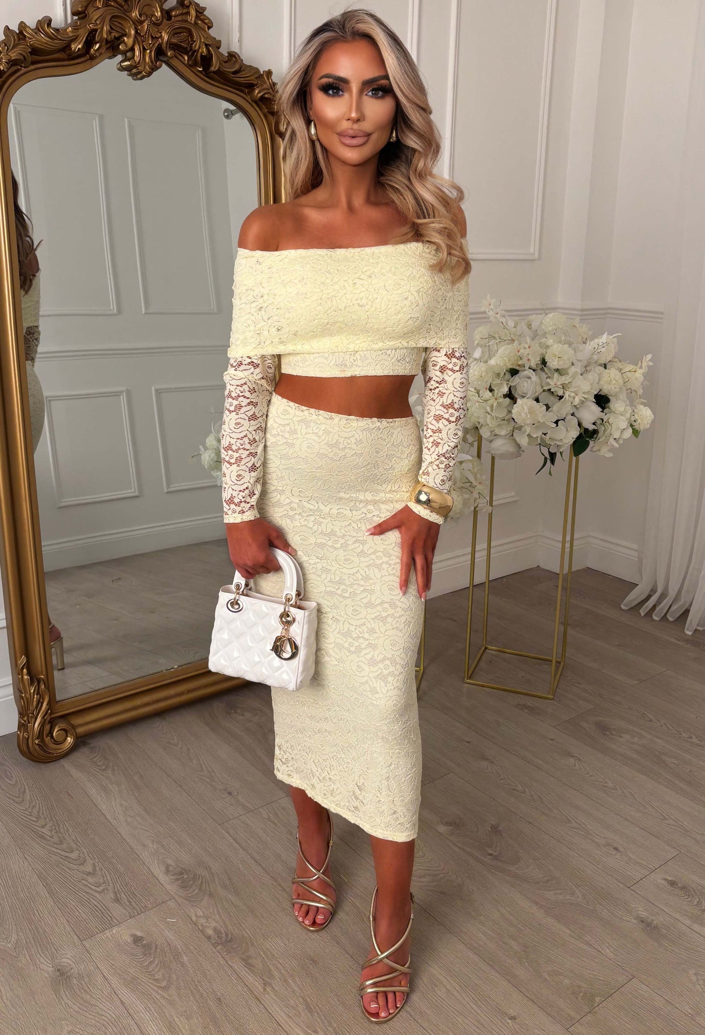 Baecation Beauty Lemon Lace Bardot Top & Midi Skirt Co-Ord Set