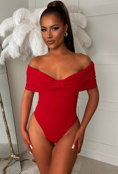 Bardot Bow Red Bodysuit