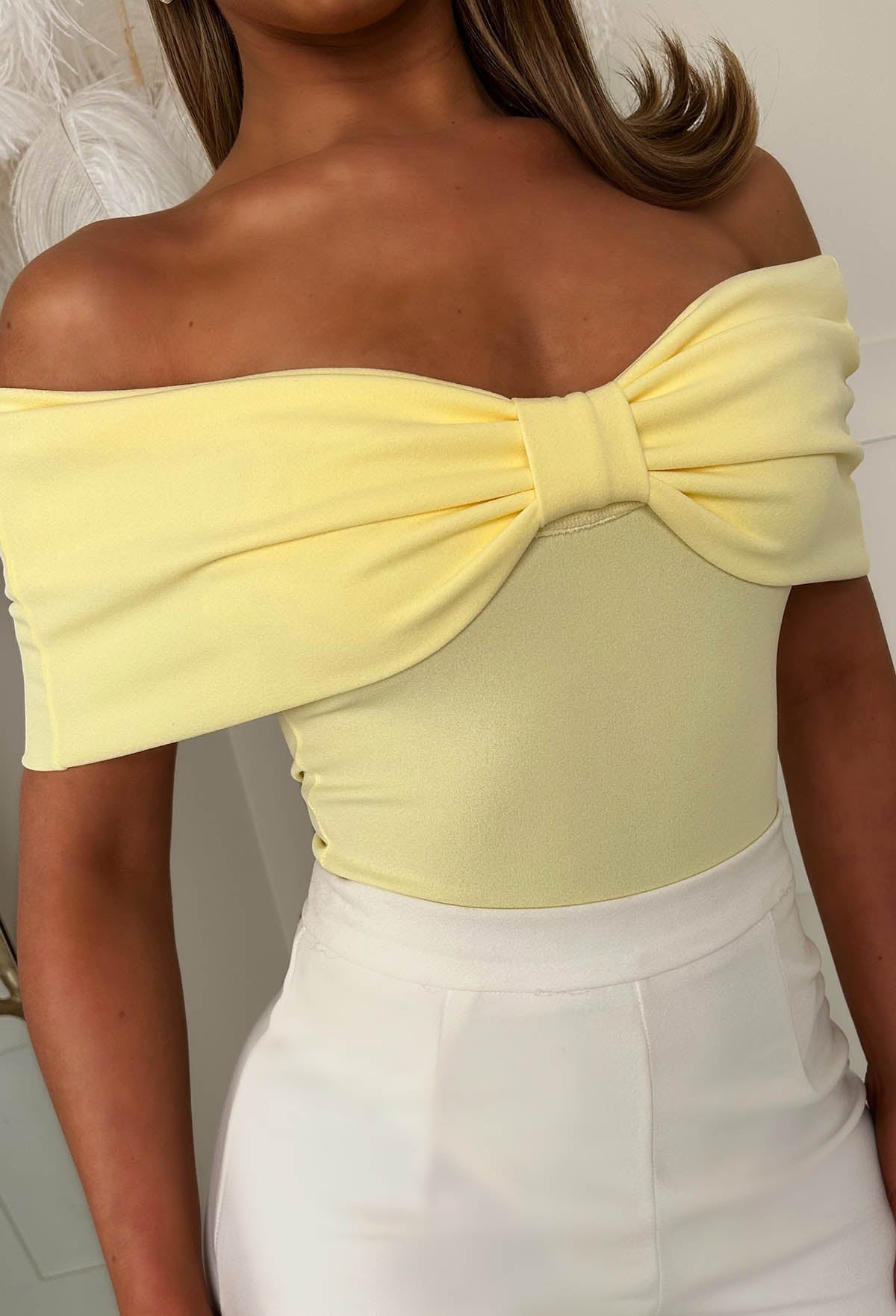 Bardot Bow Yellow Bodysuit