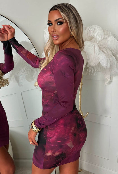 Basically Be Sassy Burgundy Printed Long Sleeve Mini Dress