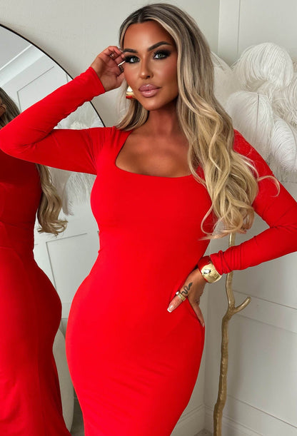 Basically I'm Yours Red Square Neck Long Sleeve Bodycon Dress