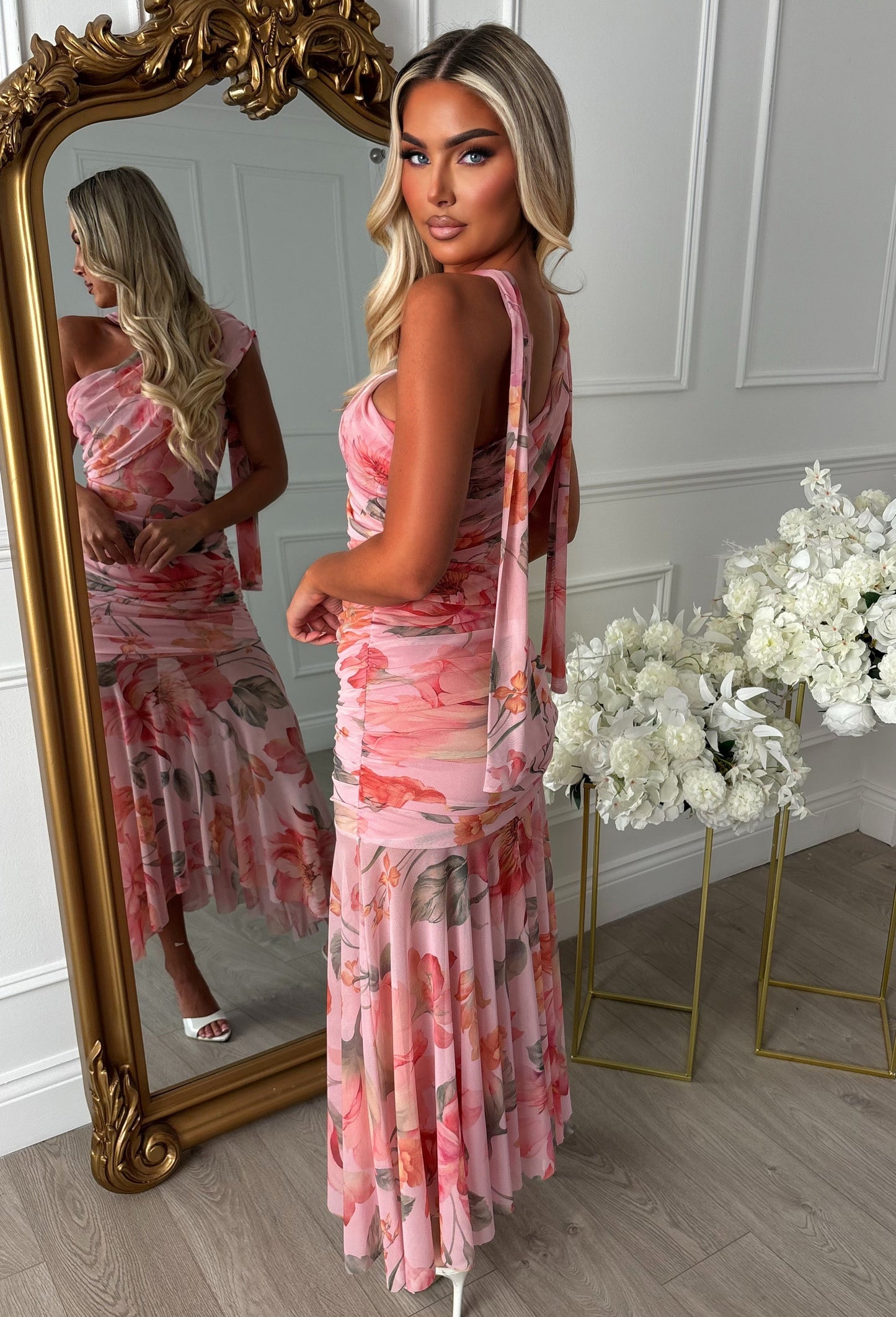 Bella Be Bold Pink Floral Mesh Panel Midi Dress With Neck Tie