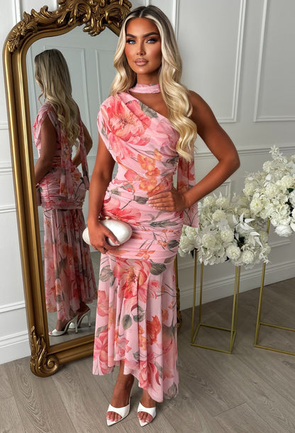 Bella Be Bold Pink Floral Mesh Panel Midi Dress With Neck Tie