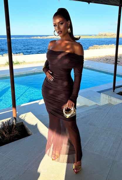 Bella Forever Chocolate Brown Mesh Bardot Mini Maxi Dress
