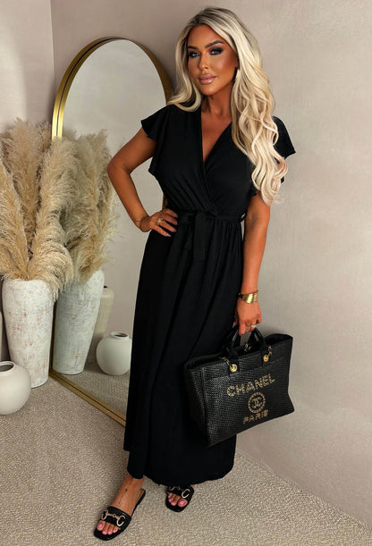 Best Believe Me Black Wrap Front Frill Sleeve Maxi Dress