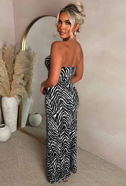 Beverly Babe Black Zebra Bandeau Maxi Dress