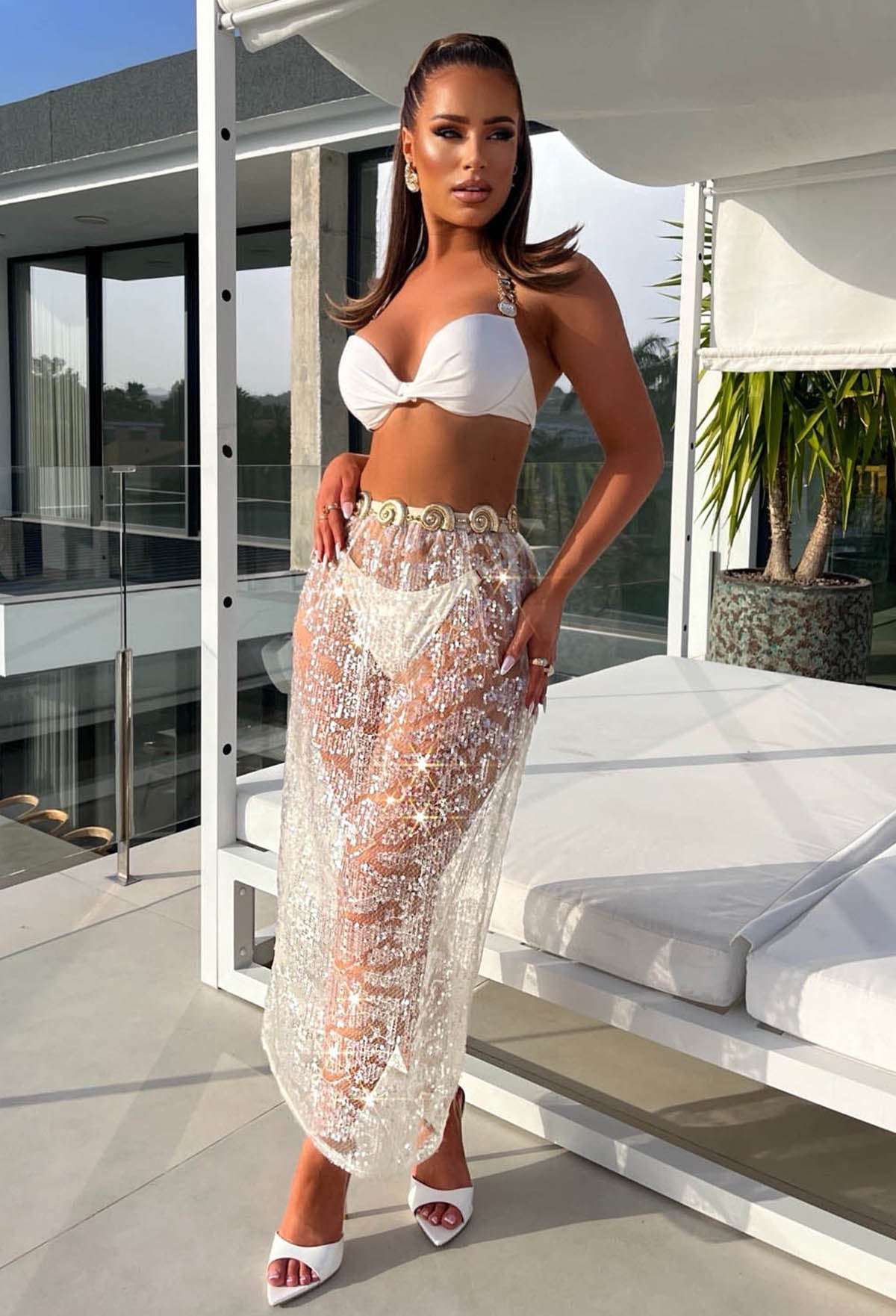 Beyond Limits Nude Sheer Sequin Midi Skirt