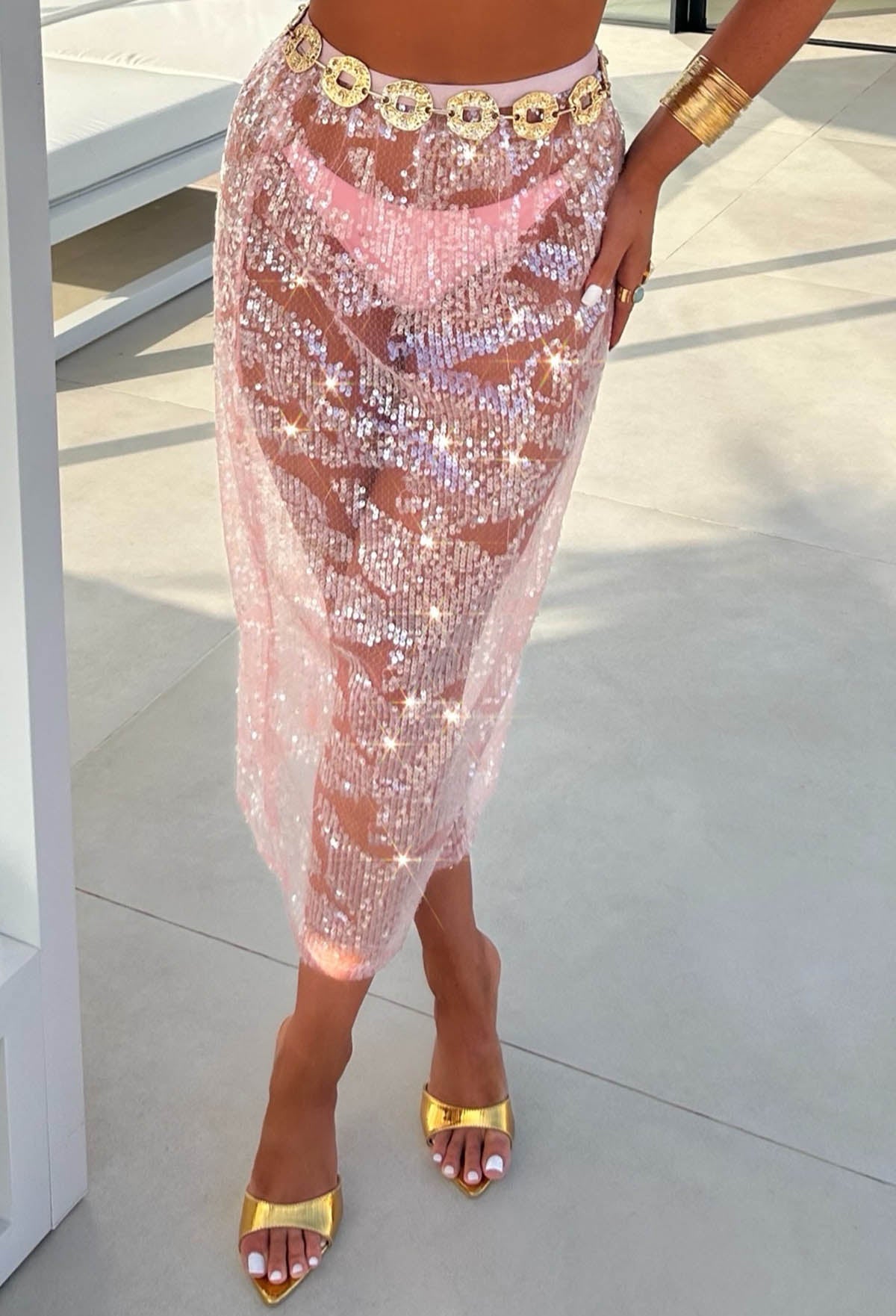 Beyond Limits Pink Sheer Sequin Midi Skirt