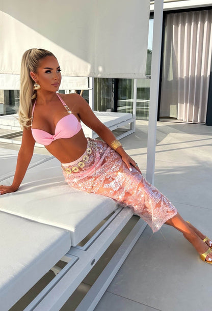 Beyond Limits Pink Sheer Sequin Midi Skirt