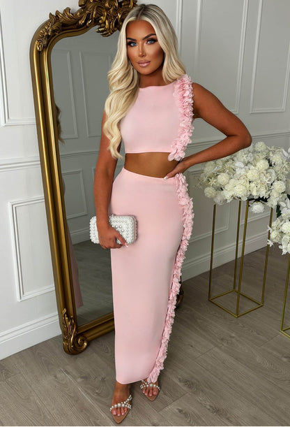 Billionaire Beauty Light Pink Ruffle Midi Side Split Co-Ord Set