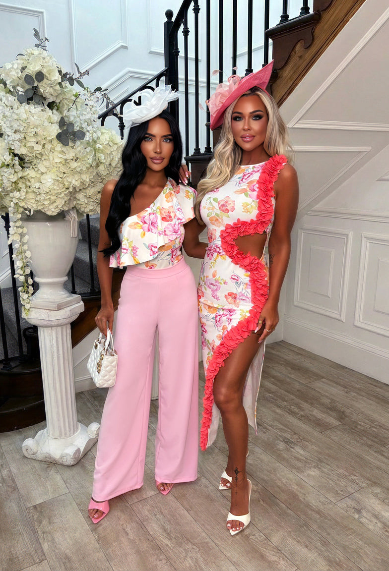Billionaire Beauty Pink Cut Out Ruffle Maxi Dress