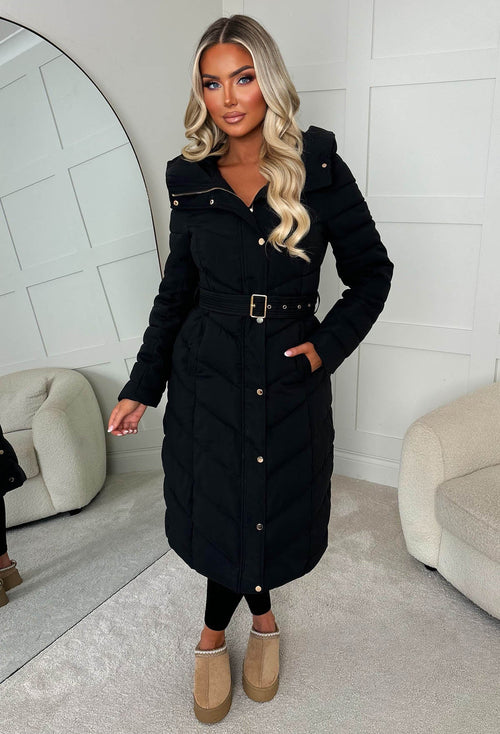 Black Orchid Black Chevron Belted Puffer Coat