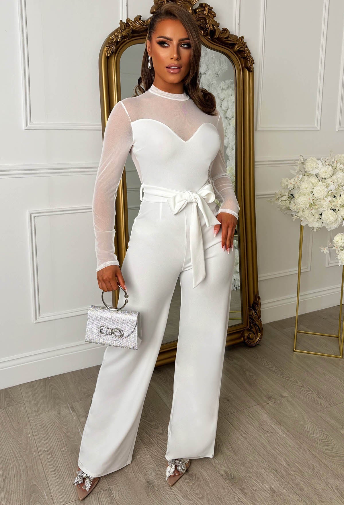 Blissful Chic White Mesh & Plain Wide Leg Belted Jumpsuit