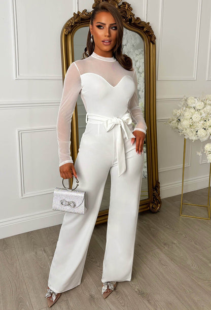 Blissful Chic White Mesh & Plain Wide Leg Belted Jumpsuit
