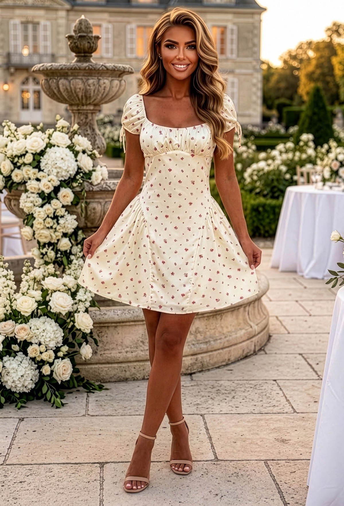 Blossom Babe Lemon Floral Print Mini Dress With Ruched Neckline
