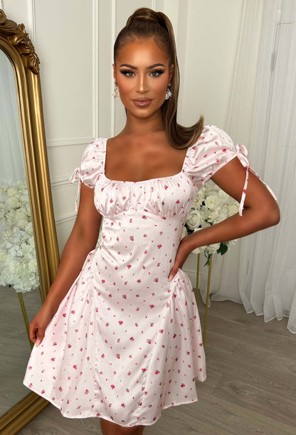 Blossom Babe Pink Floral Print Mini Dress With Ruched Neckline