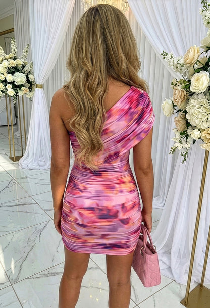 Blush Daydream Pink One Shoulder Bardot Print Mini Dress