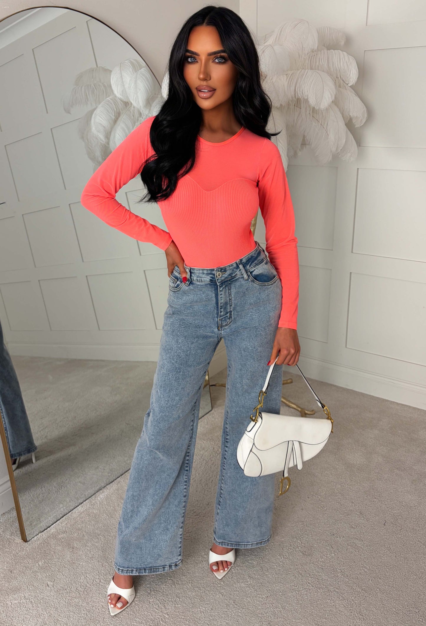 Blushful Chic Coral Mesh Sweetheart Bodysuit