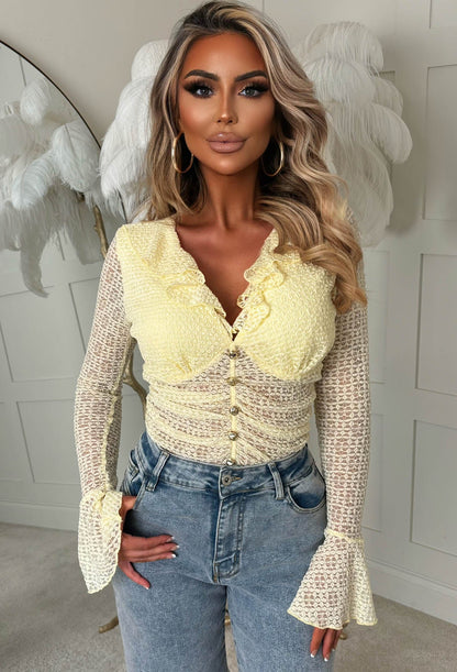Blushing Silhouette Yellow Ruffle Ruched Bodysuit