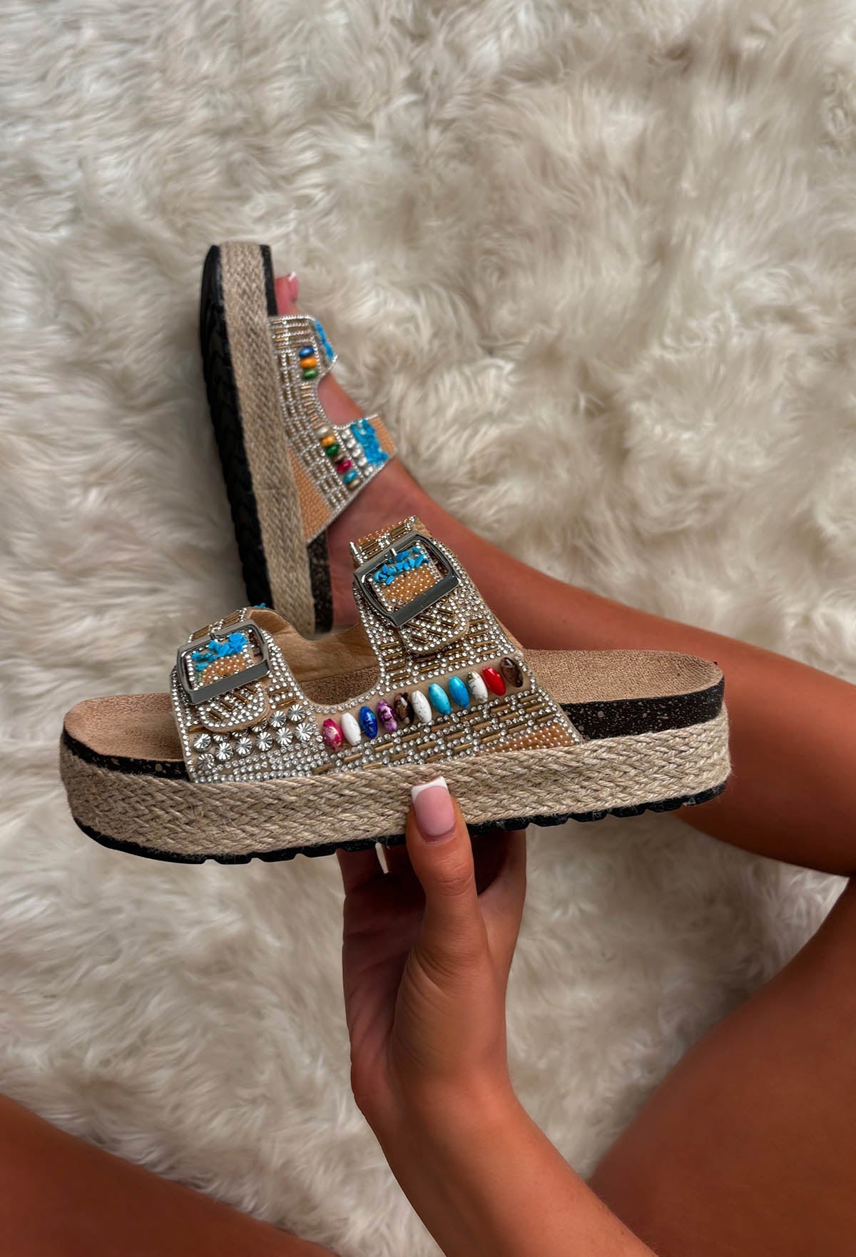 Boho Bali Natural Beaded Adjustable Raffia Sandals Wedges