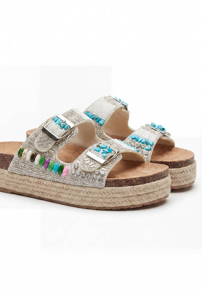 Boho Bali White Beaded Adjustable Raffia Sandals Wedges