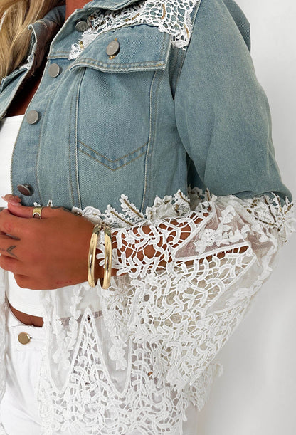 Boho Revival Mid Wash Lace & Denim Jacket
