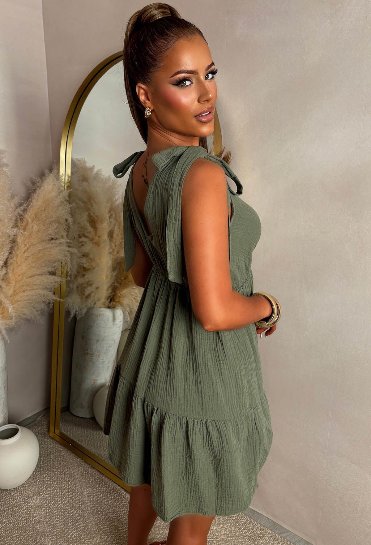 Bondi Baby Khaki Tie Shoulder Tiered Day Dress