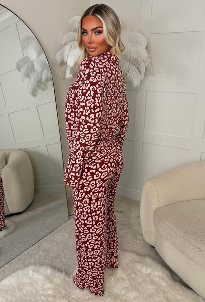 Boss Babe Boudoir Wine Leopard Long Sleeve Button Down Pyjama Set