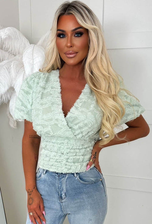Briella Green Short Sleeved Textured Ruched Top