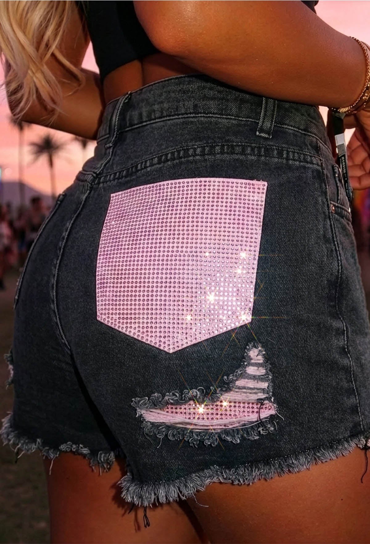 Bring On The Drama Black Ripped Denim Hot Fix Pocket Shorts