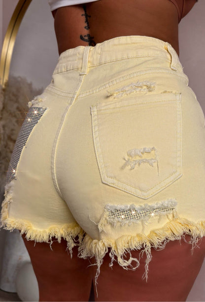 Bring On The Drama Lemon Ripped Denim Hot Fix Pocket Shorts