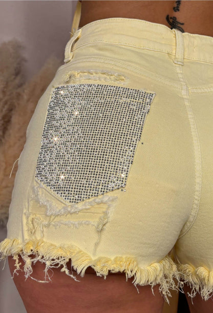Bring On The Drama Lemon Ripped Denim Hot Fix Pocket Shorts