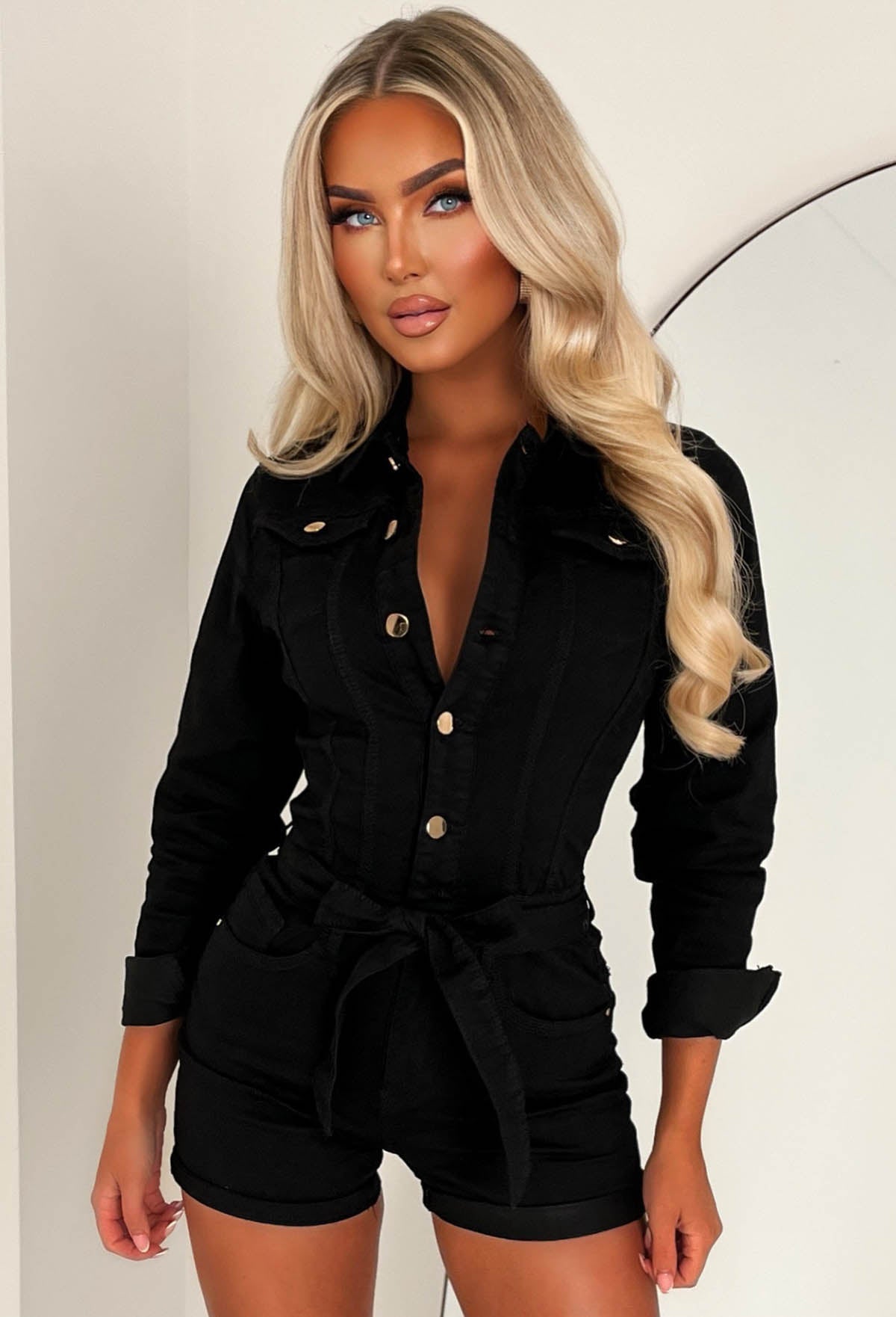 Broadway Chic Black Stretch Denim Long Sleeve Playsuit