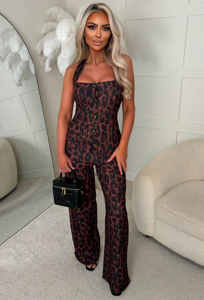 Can't Tame Her Brown Halterneck Leopard Print Waistcoat Top