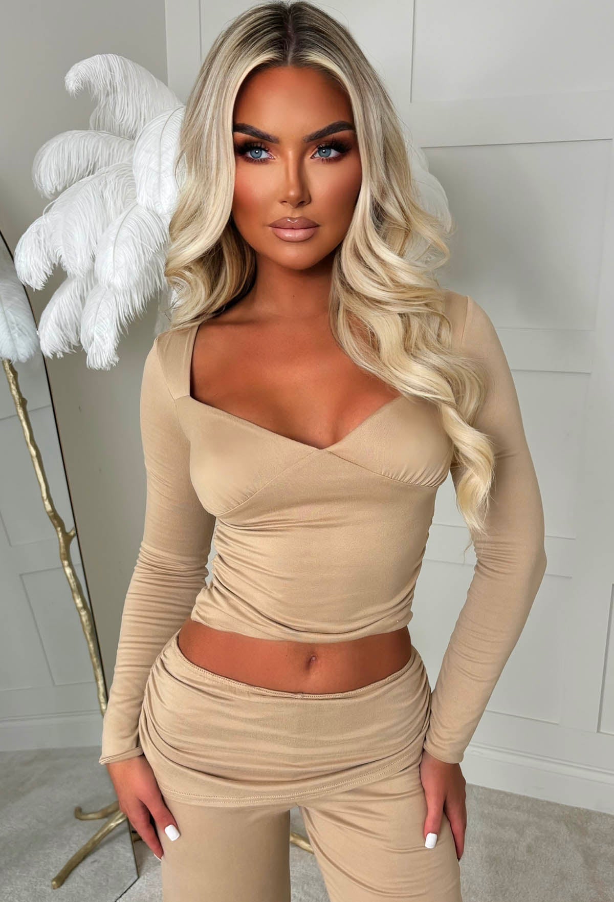 Casually Luxe Beige Ruched Long Sleeve Top & Trousers Set