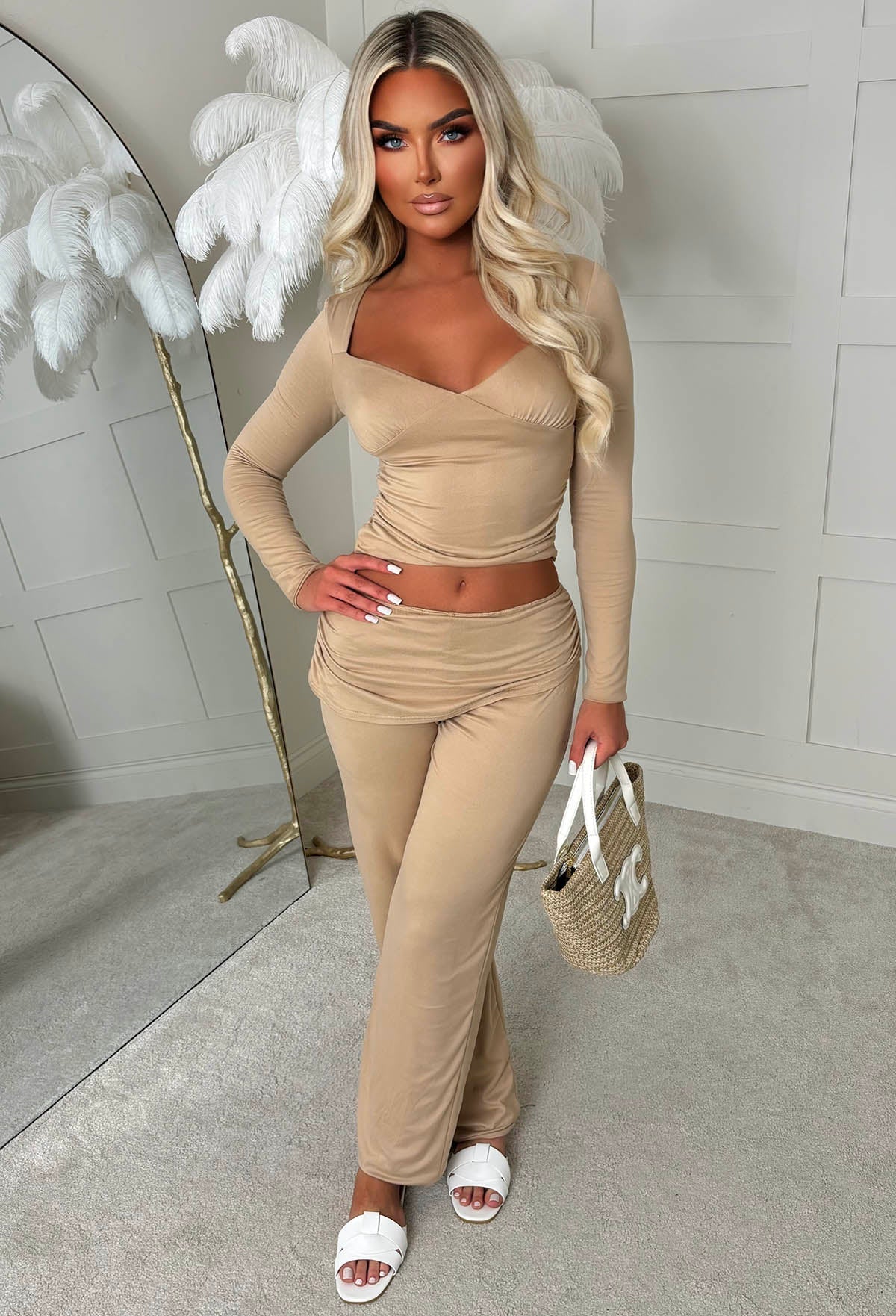 Casually Luxe Beige Stretch Ruched Long Sleeve Top