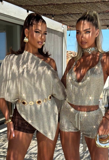 Champagne Coast Beige Lurex Knitted Off Shoulder Cover Up