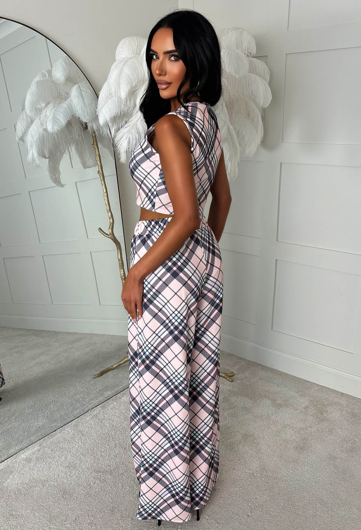 Chelsea Glam Light Pink Check Print Top & Trouser Co-Ord Set