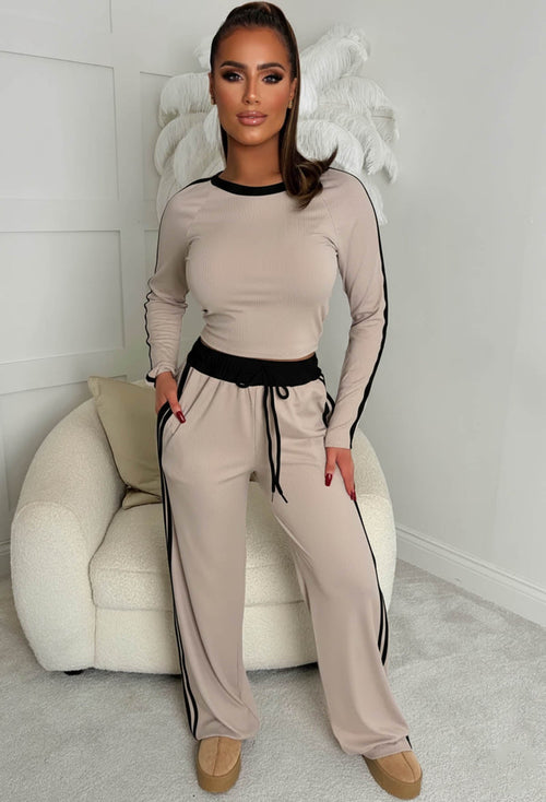 Chic And Cosy Beige With Black Side Stripe Loungewear Set