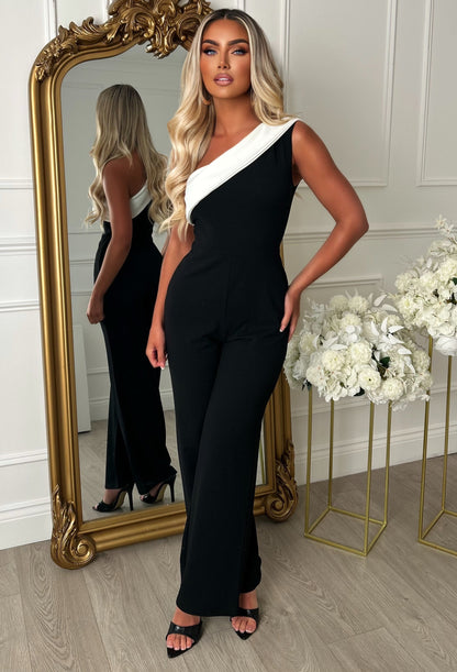 Chic Oblique Black Colour Block One Shoulder Jumpsuit