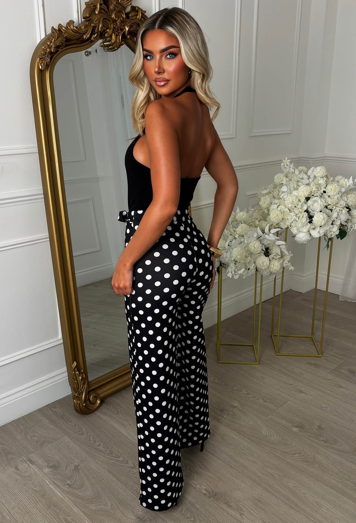 Chic On The Dot Black Halterneck Bodysuit & Polka Dot Trouser Co-Ord Set