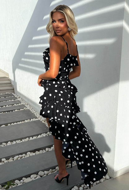 Chica Energy Black Polka Dot Asymetric Ruffle Hem Mini Maxi Dress